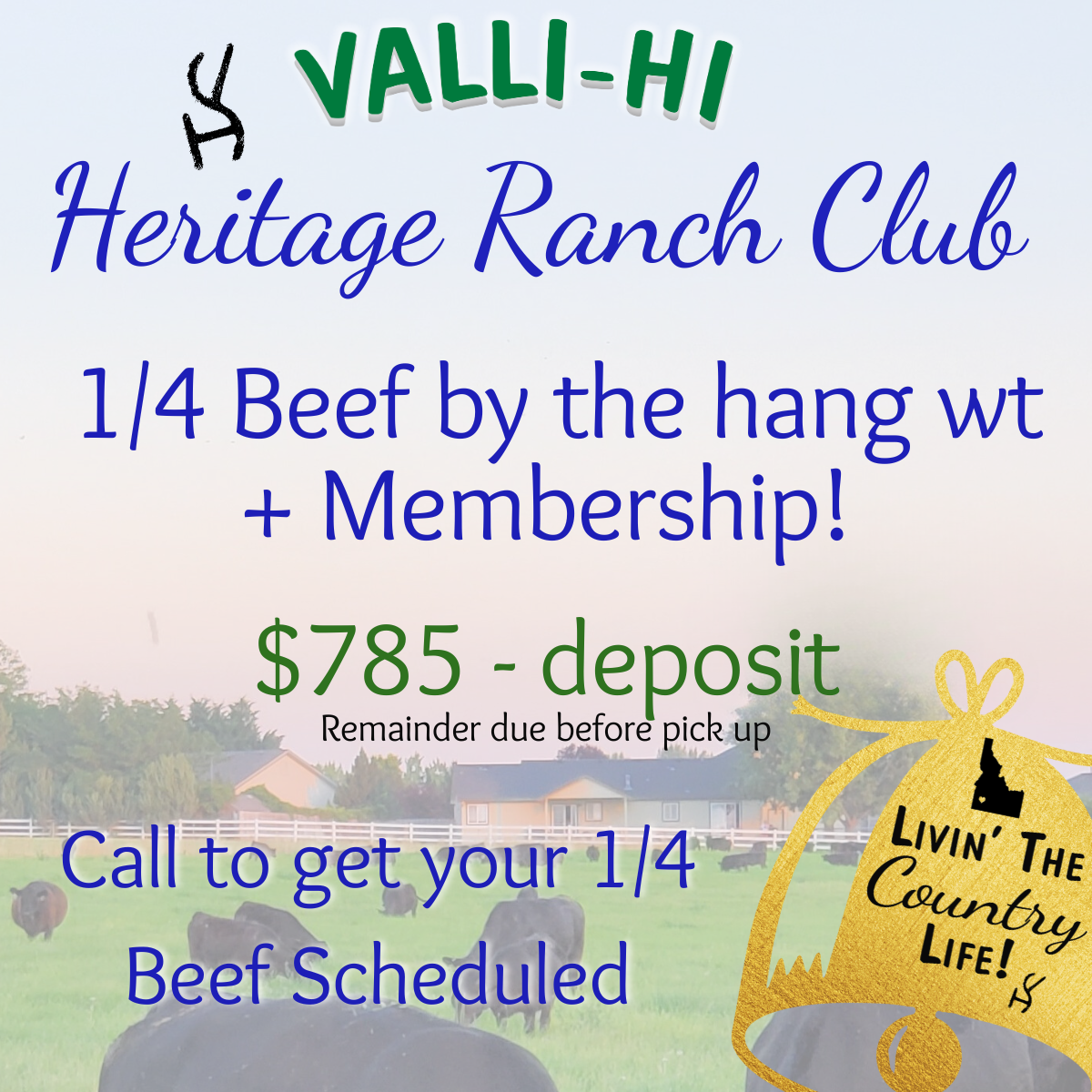 Heritage 1/4 Beef DEPOSIT by the hang wt Membership